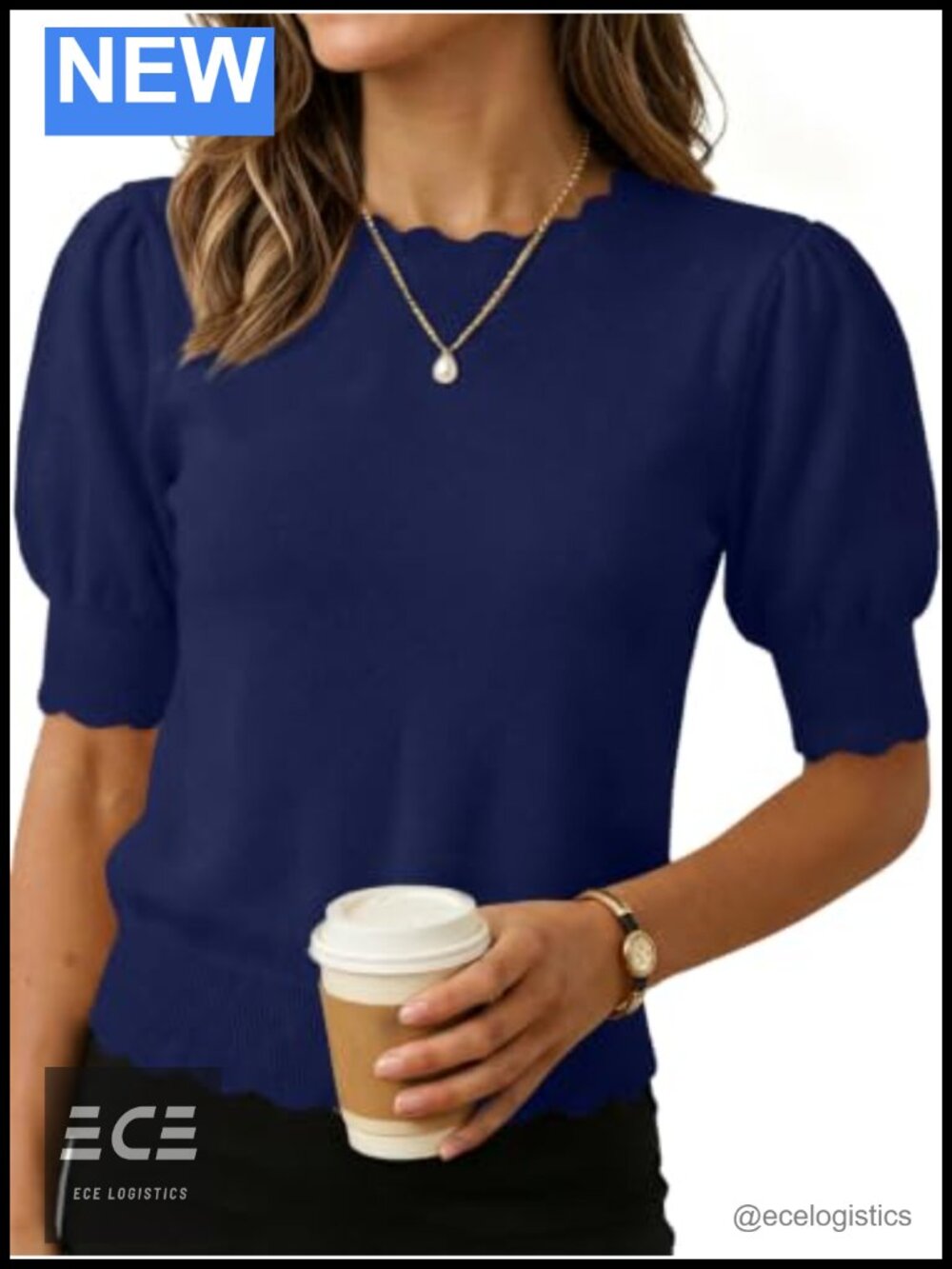 Womens Short Sleeve Sweater Scalloped Crewneck Pleated Detail